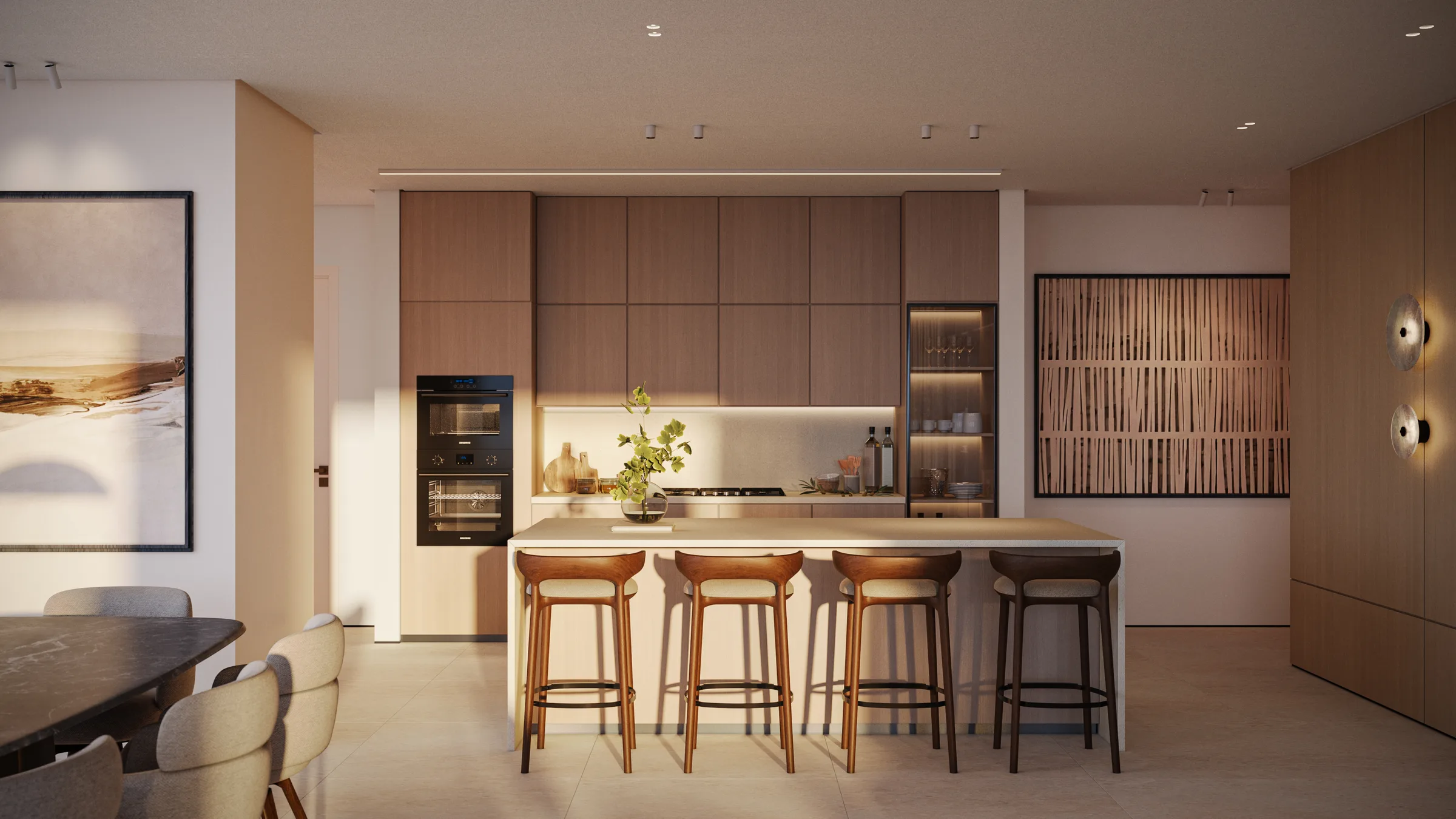 Planta 217/237 m² - render interior, sala y cocina contemporánea en ARENA Santa María Panama