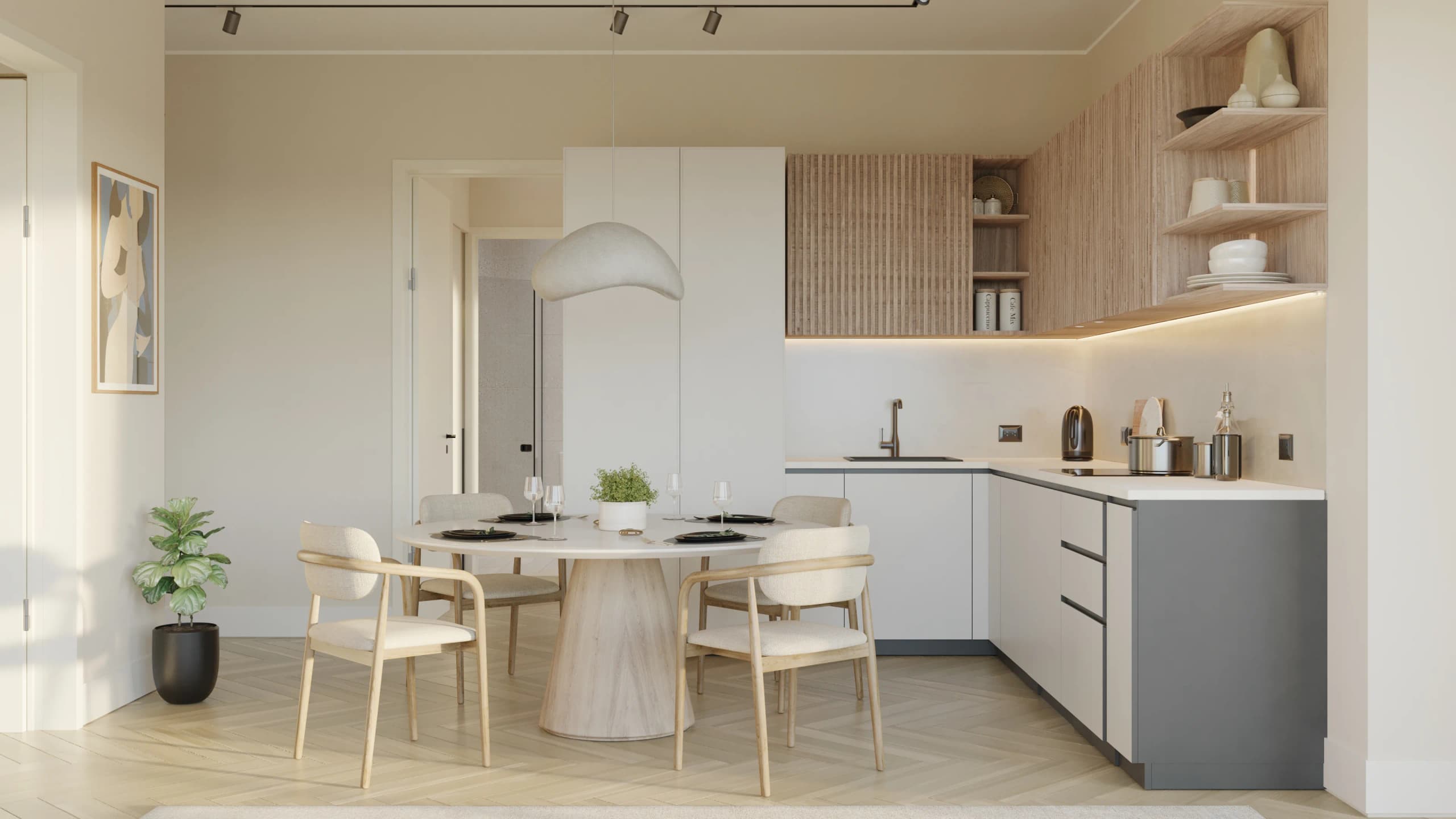 Bosco - render interior, cocina y área comedor