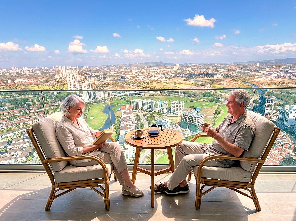 International buyers on a balcony overlooking Santa María, Panama City