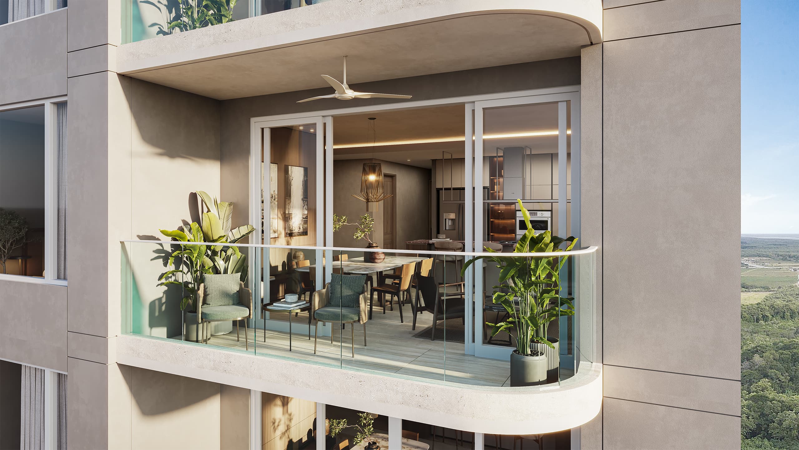 ÉBANO - balcony render with large-format finishes in Santa María Panama