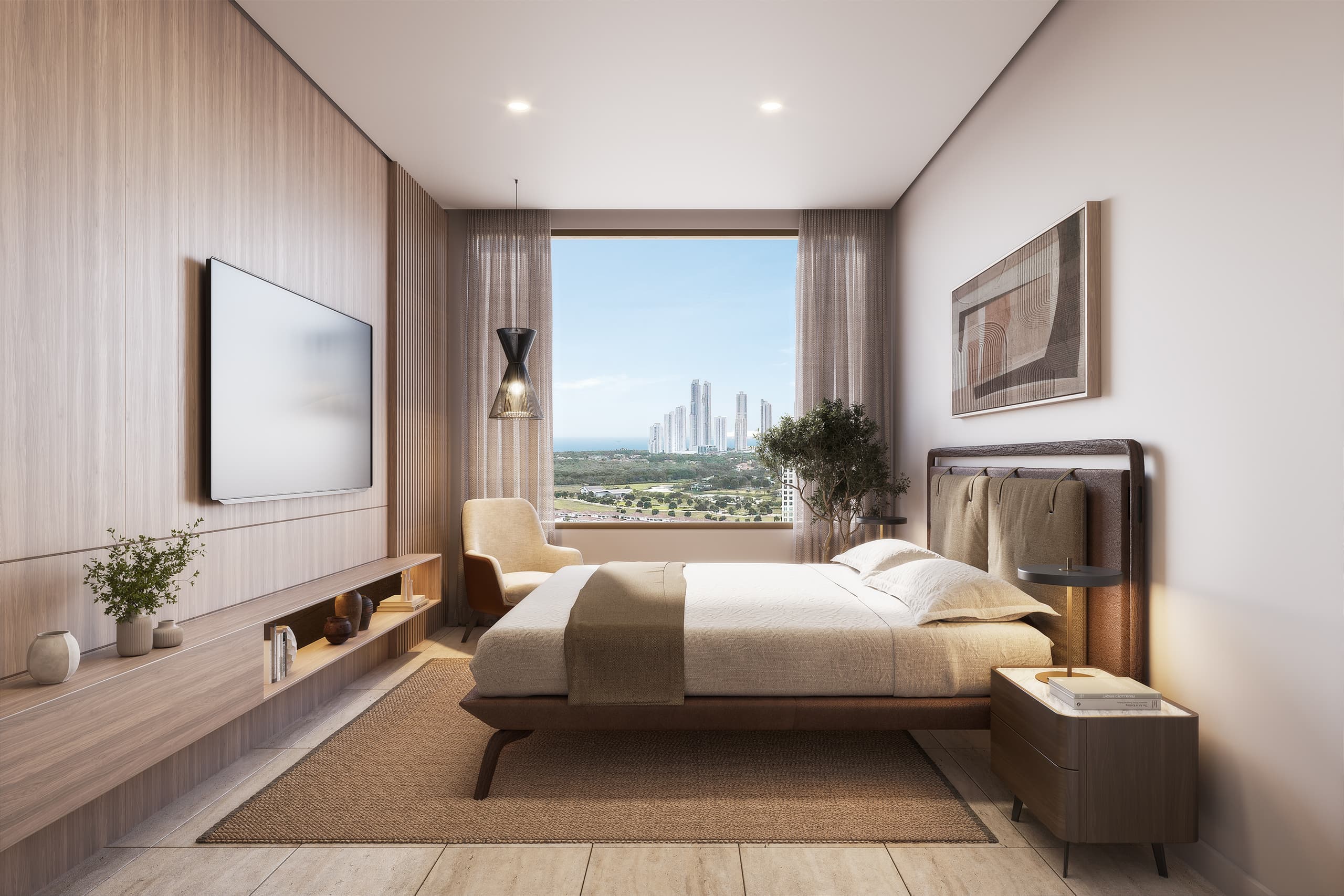 ÉBANO - master bedroom render with Art Deco finishes in Santa María Panama