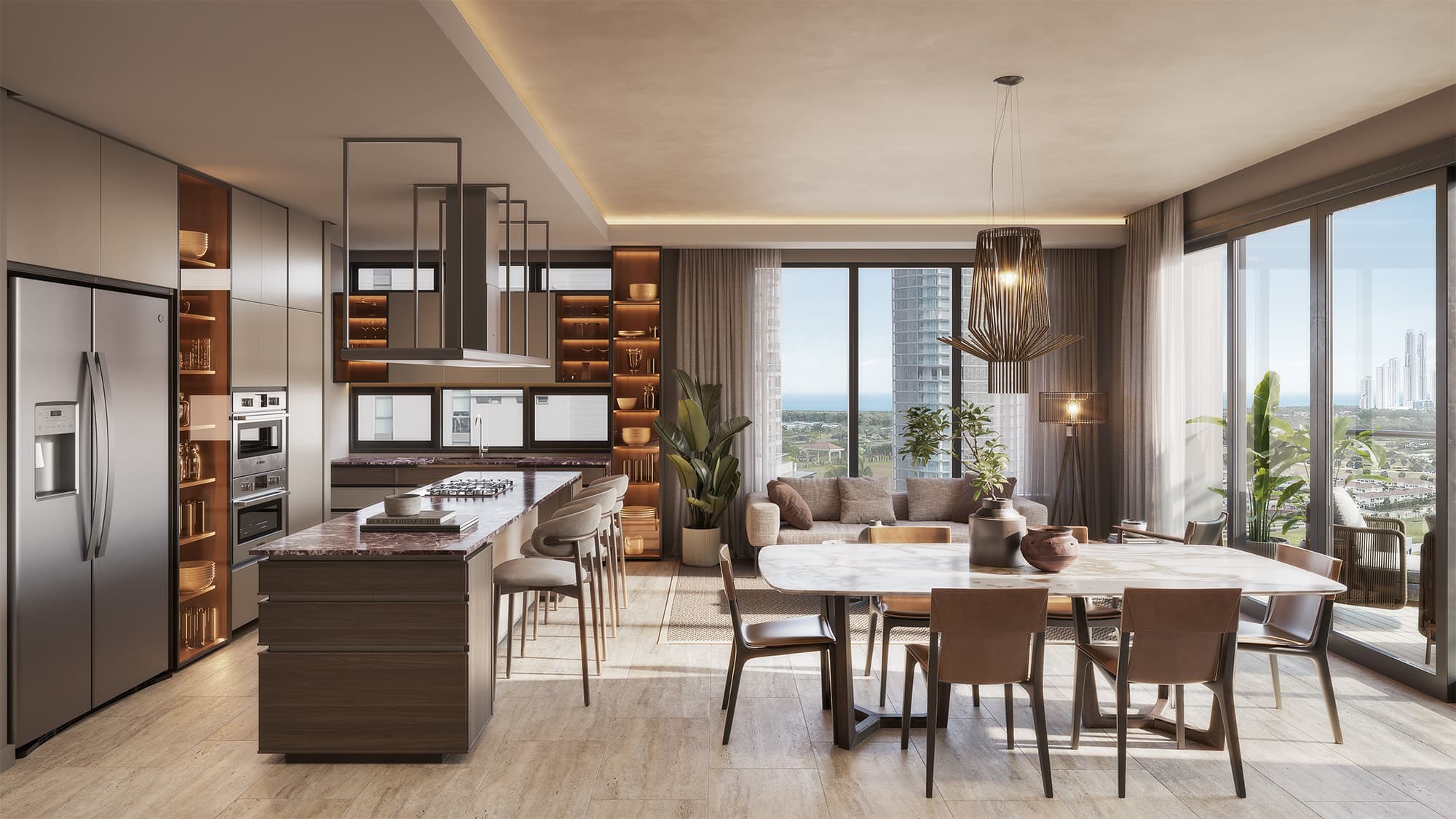 ÉBANO Models C and D - interior render living area in Santa María Panama