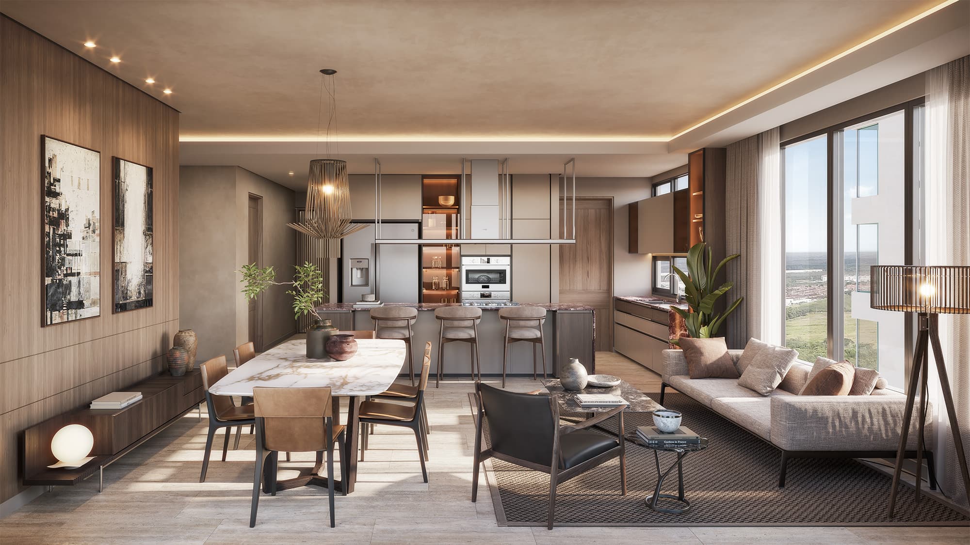 ÉBANO Models A and B - interior render living area in Santa María Panama
